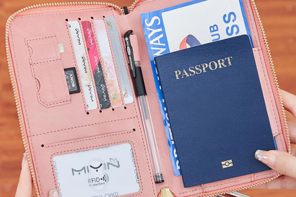 RFID Blocking Passport Wallet PU Document Organizer with Wristlet for Women -Pink