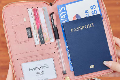 RFID Blocking Passport Wallet PU Document Organizer with Wristlet for Women -Pink
