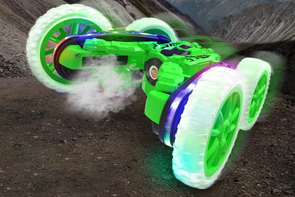 Remote Control Car 360 Degree Rotating RC Cars with Cool Spray 2.4Ghz Double Sided RC Stunt Car with Cool Lights-Green