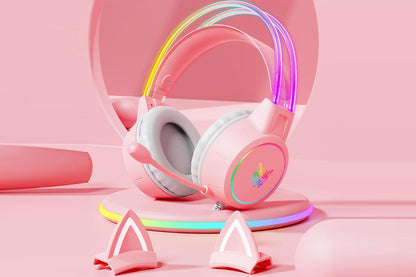 Gaming Headset with Detachable Cat Ears Wired Over LED Ear Headphones with Mic for PC Laptop PS4 PS5 Xbox Switch -Pink