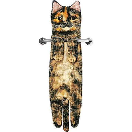 Cute Cat Quick-Dry Hanging Hand Towels Decorative for Bathroom Kitchen-Brown