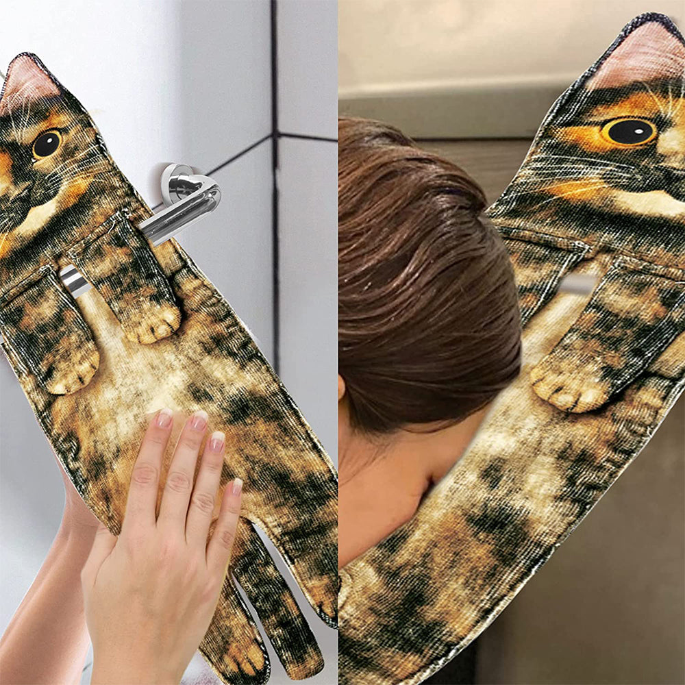 Cute Cat Quick-Dry Hanging Hand Towels Decorative for Bathroom Kitchen-Brown