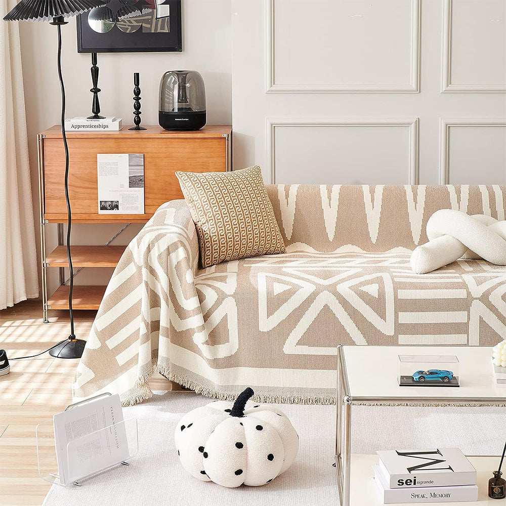 Boho Couch Cover Geometric Sofa Blanket Furniture Protector Beige