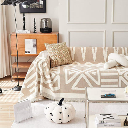 Boho Couch Cover Geometric Sofa Blanket Furniture Protector Beige