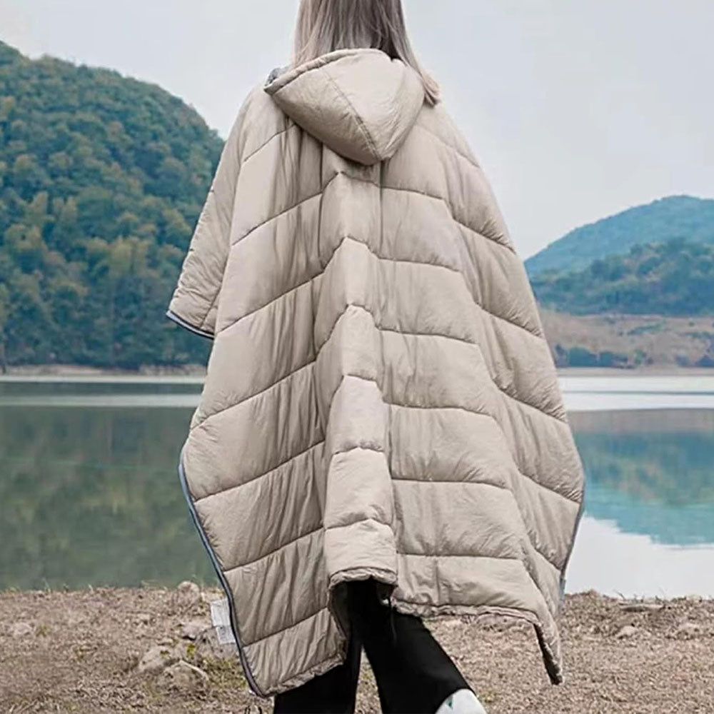 Camping Warm Cloak Cape Poncho Sleeping Bag Wearable Hooded Blanket for Hiking Fishing Outdoor Sport Khaki