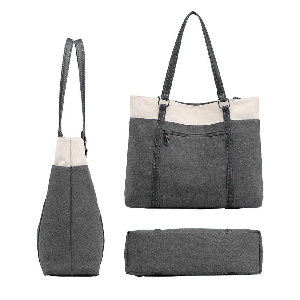 Women Tote Bag for Work Travel Canvas Laptop Handbag Shoulder Bag Gray