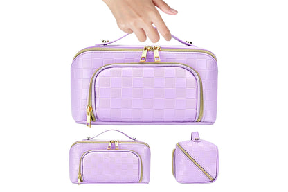 Large Capacity PU Leather Water-Resistant Checkered Cosmetic Bag Travel Makeup Bag-Purple