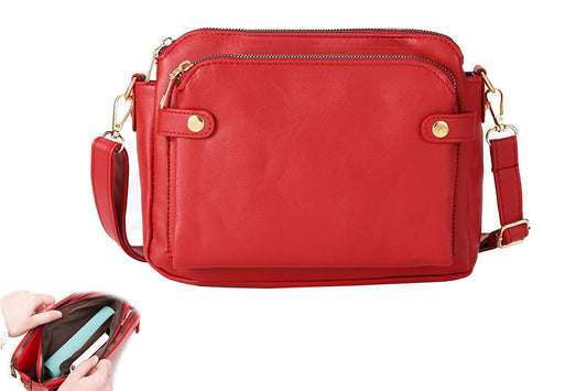 Soft Trendy Three Layer PU Leather Crossbody Purse Shoulder Bag Handbags-Red