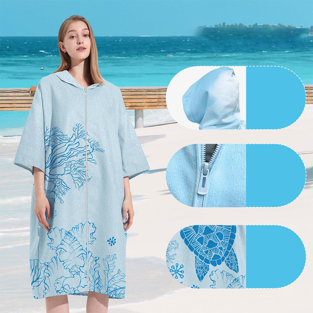 Unisex Hooded Towel Poncho Swim Parka for Adults - Coral Turtle