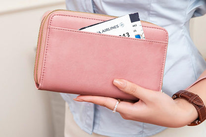 RFID Blocking Passport Wallet PU Document Organizer with Wristlet for Women -Pink