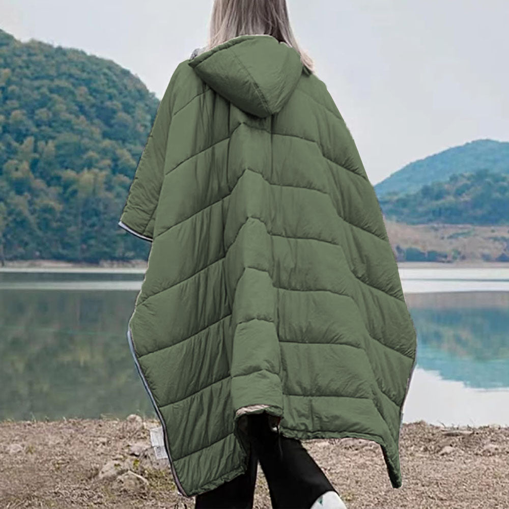 Camping Warm Cloak Cape Poncho Sleeping Bag Wearable Hooded Blanket for Hiking Fishing Outdoor Sport Green
