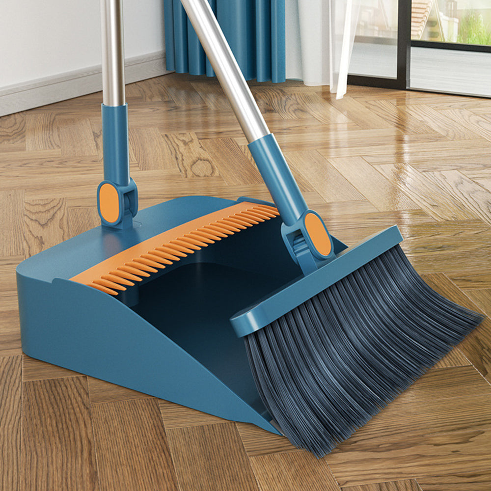180-Degree Rotating Broom and Foldable Standing Dustpan Set with Scraper for Home Office Blue