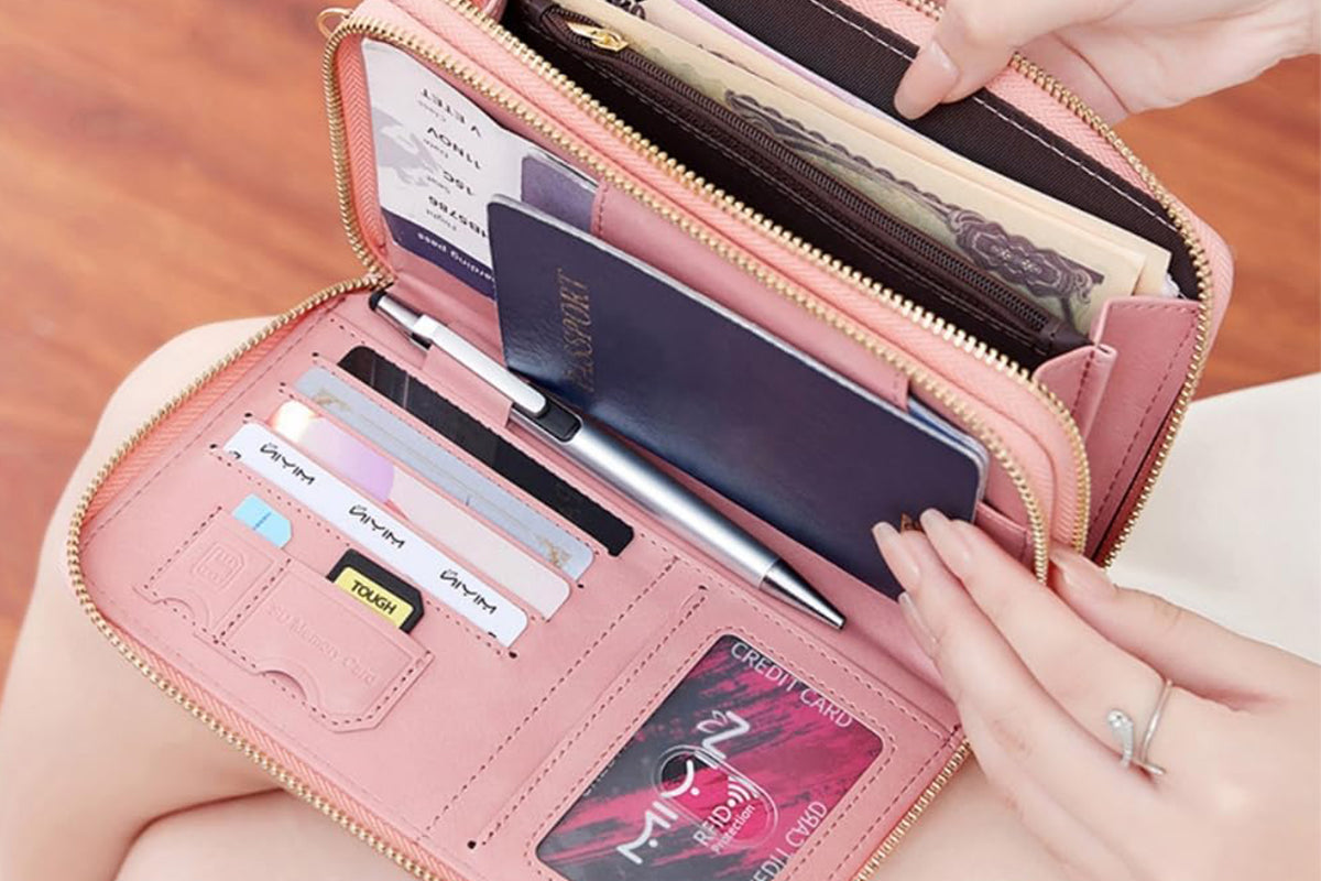 RFID Blocking Passport Wallet PU Document Organizer with Wristlet for Women -Pink