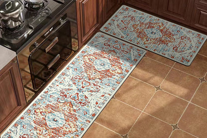 2Pcs Boho Anti-Fatigue Kitchen Mats Non-Slip Cushioned for Kitchen Sink Laundry -Blue