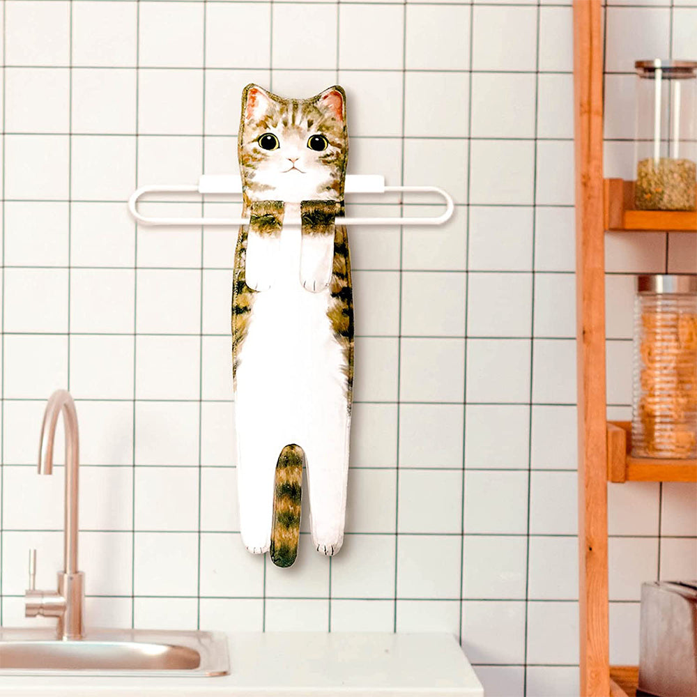 Cute Cat Quick-Dry Hanging Hand Towels Decorative for Bathroom Kitchen-Light Brown
