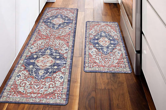 2Pcs Boho Anti-Fatigue Kitchen Mats Non-Slip Cushioned for Kitchen Sink Laundry -Red