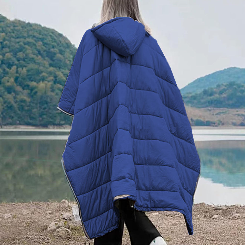 Camping Warm Cloak Cape Poncho Sleeping Bag Wearable Hooded Blanket for Hiking Fishing Outdoor Sport Dark Blue
