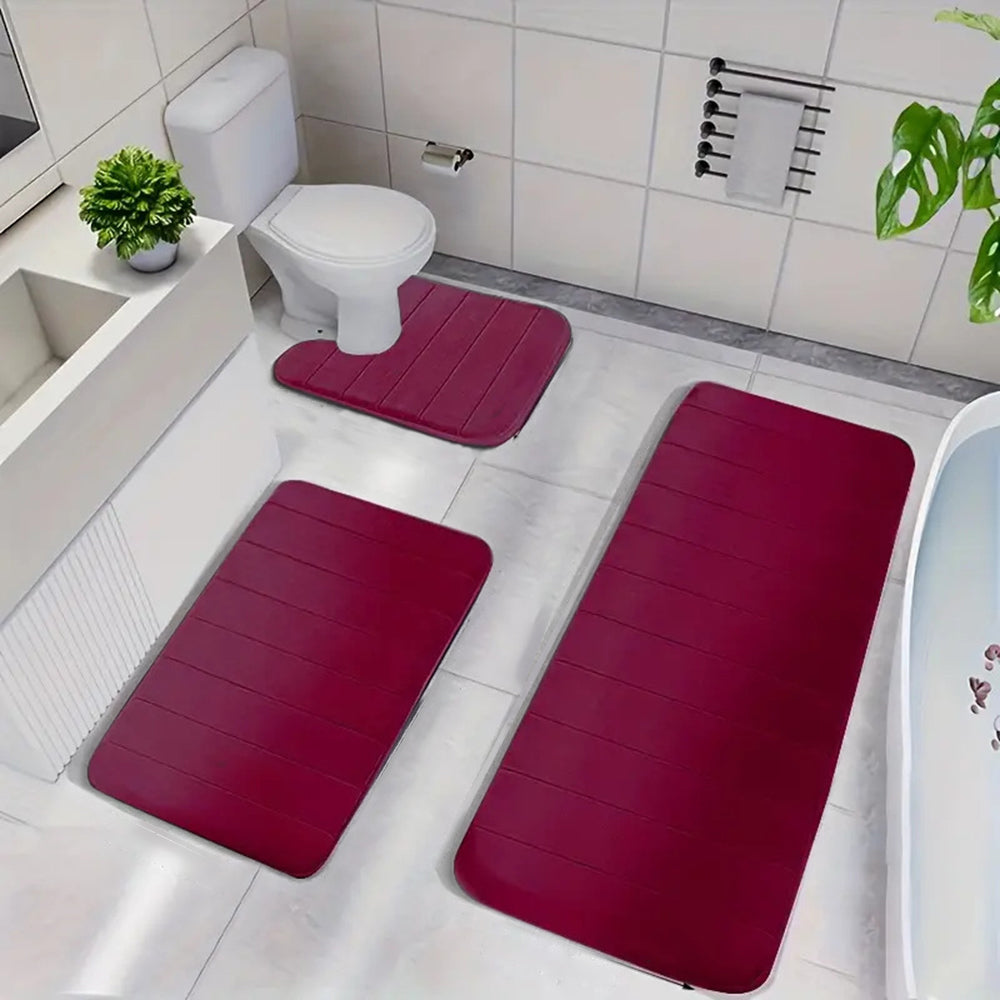 3 Pieces Set Water Absorption Bathroom Floor Mats Non-Slip Bath Mats Wine Red