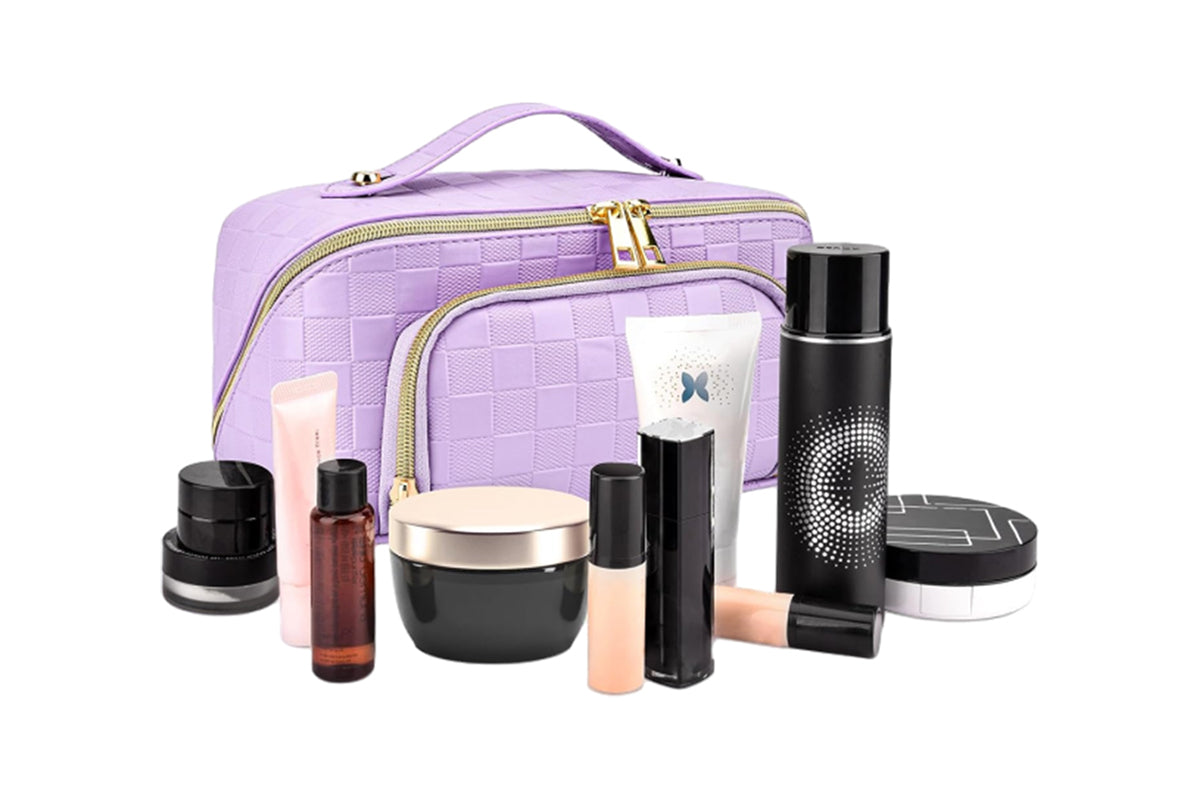 Large Capacity PU Leather Water-Resistant Checkered Cosmetic Bag Travel Makeup Bag-Purple
