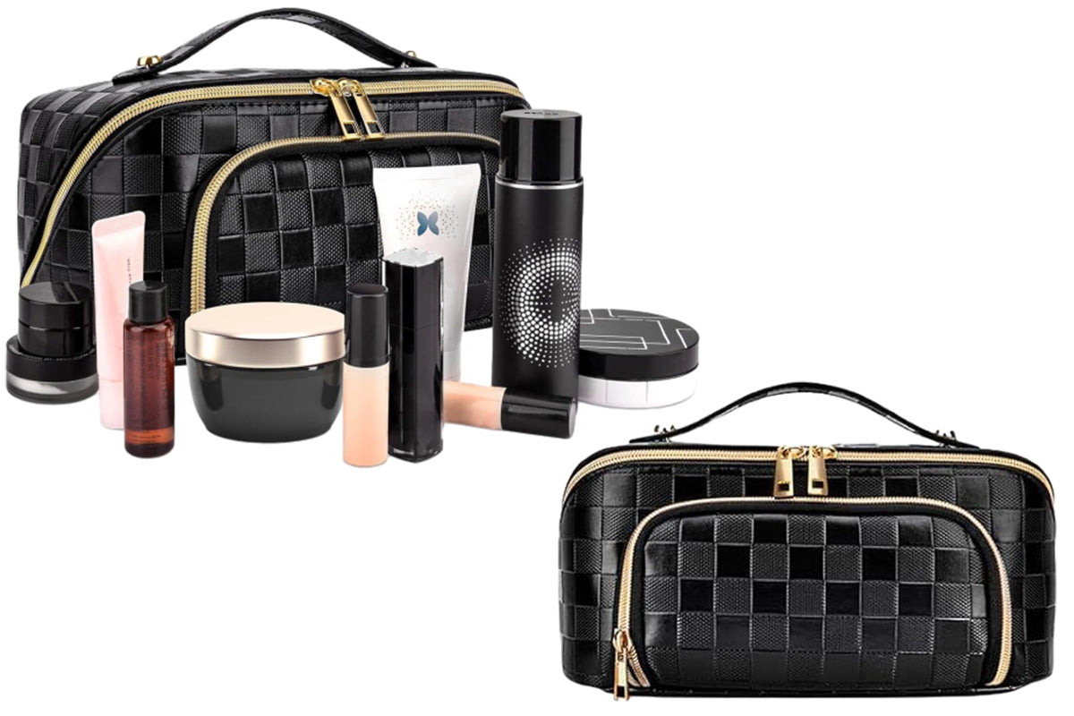 Large Capacity PU Leather Water-Resistant Checkered Cosmetic Bag Travel Makeup Bag-Black