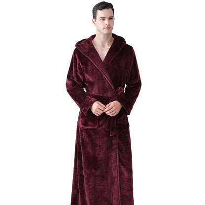 Unisex Winter Long Bathrobe Solid Warm Hooded Bath Robe for Lovers Dark Red