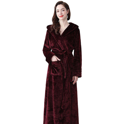 Unisex Winter Long Bathrobe Solid Warm Hooded Bath Robe for Lovers Dark Red