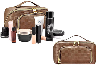 Large Capacity PU Leather Water-Resistant Checkered Cosmetic Bag Travel Makeup Bag-Brown