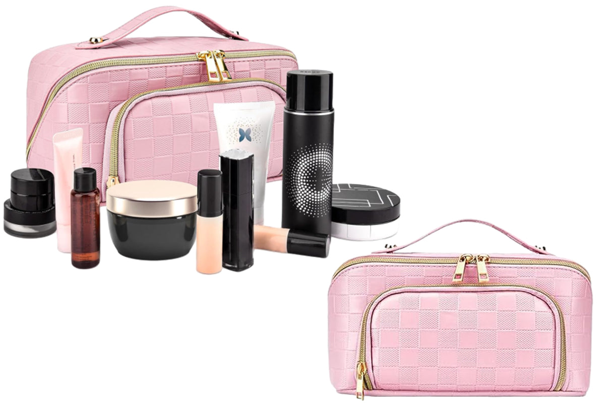 Large Capacity PU Leather Water-Resistant Checkered Cosmetic Bag Travel Makeup Bag-Pink