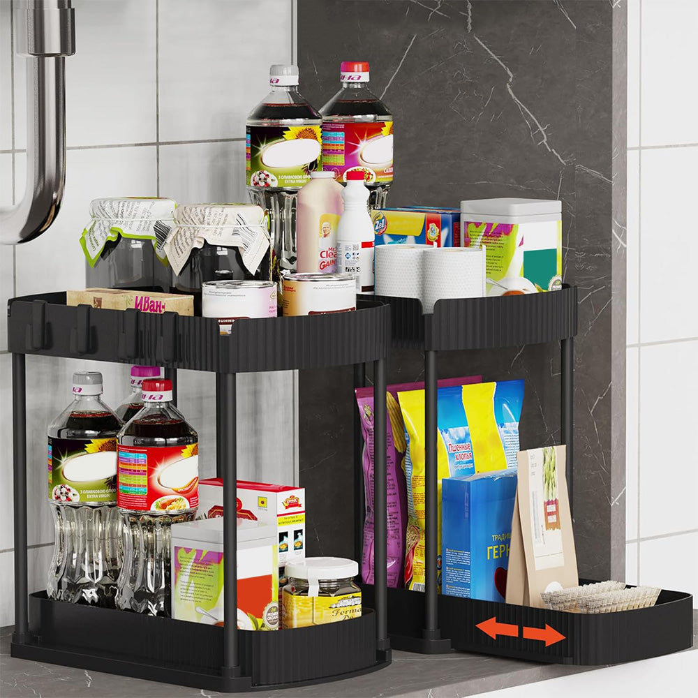 2Pcs Pull Out Storage Organizer Under Sink Shelf with 8 Hooks for Home Use