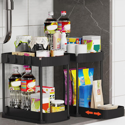 2Pcs Pull Out Storage Organizer Under Sink Shelf with 8 Hooks for Home Use