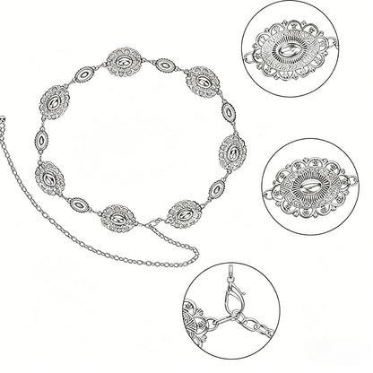 Western Concho Belt Women Vintage Metal Chain Belt for Dress Jeans-Silver