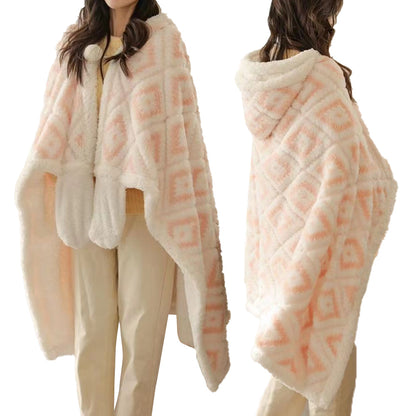 Winter Warm Blanket Jacquard Thickened Multi-Functional Blanket with Hood and Gloves Pink