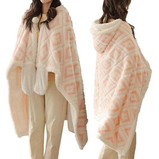 Winter Warm Blanket Jacquard Thickened Multi-Functional Blanket with Hood and Gloves Pink