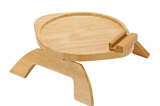 Bamboo Foldable Clip On Sofa Armrest Tray with Phone Holder-Round