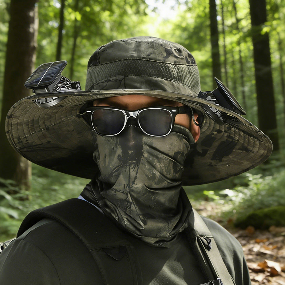 Wide Brim Sun Hat with Fans Solar Power UPF 50+ Bucket Fishing and Beach Hat-Green