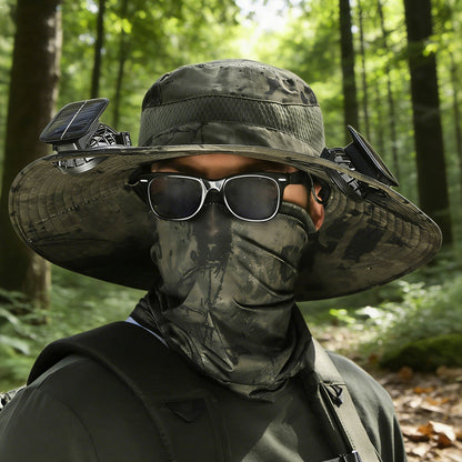 Wide Brim Sun Hat with Fans Solar Power UPF 50+ Bucket Fishing and Beach Hat-Green