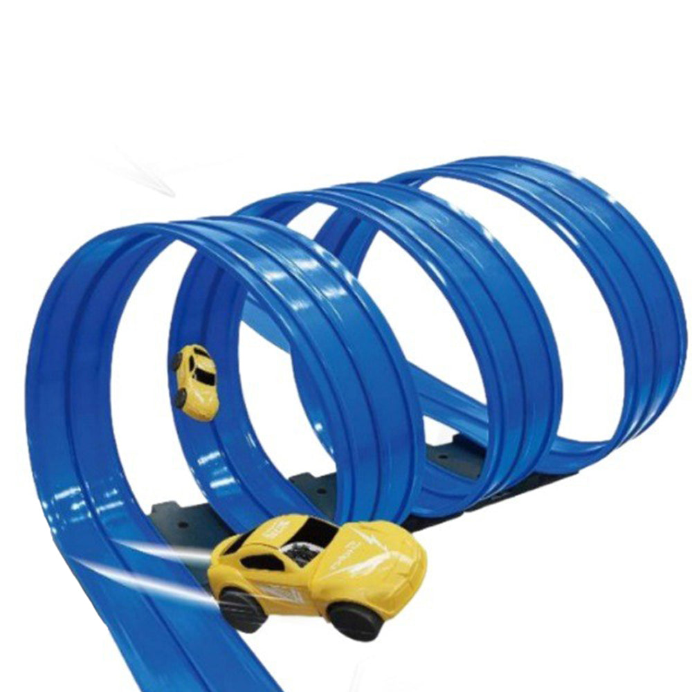 5-Meter Flexible Race Car Track with Base and 360-Degree Rotating Cars for Home Play Blue