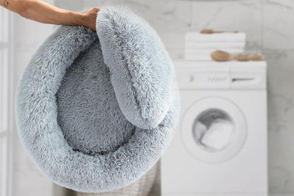 Calming Donut Dog Bed Anti-Slip Fluffy Plush Faux Fur Pet Bed for Most Dogs -Light Grey