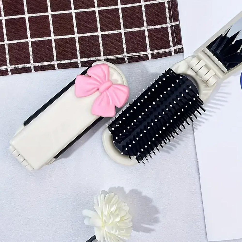 2Pcs Folding Hair Brush with Detachable Makeup Mirror Portable for Travel-Beige