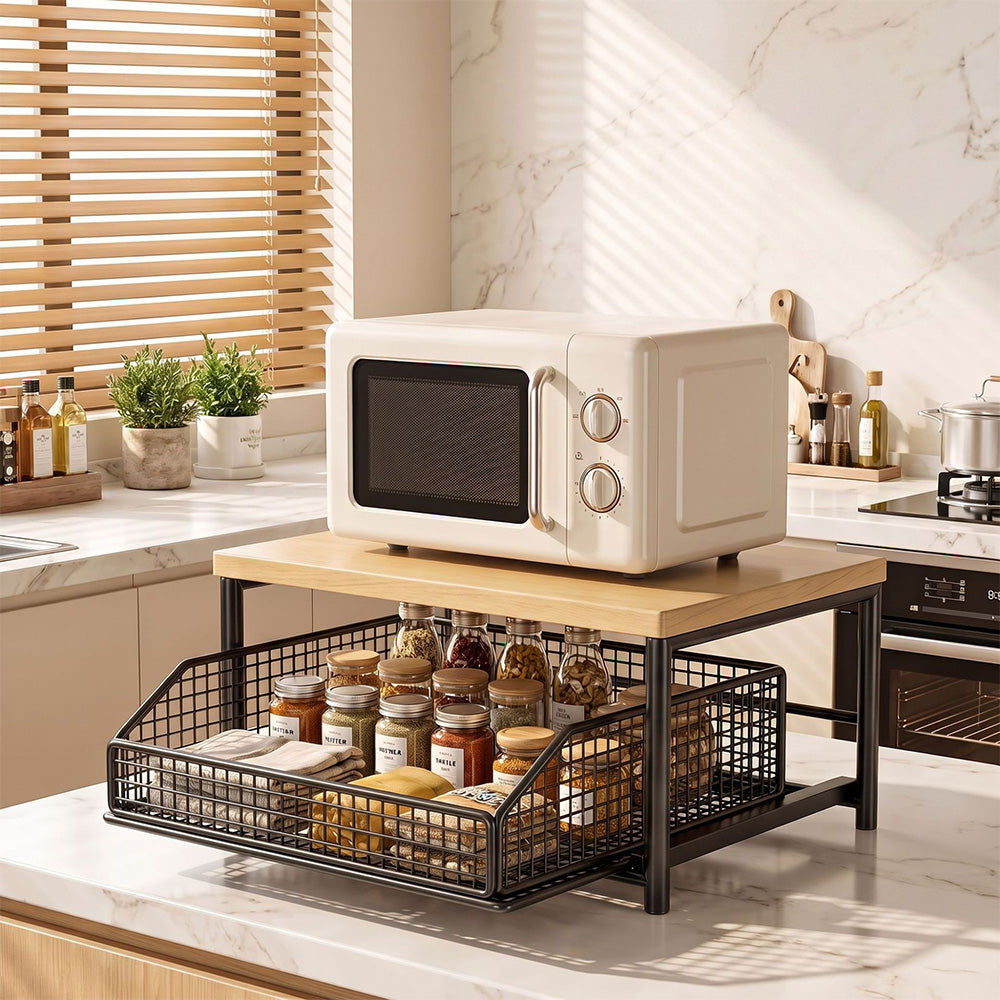 Kitchen Countertop Riser Storage Rack with Pull Out Drawer Basket - Black
