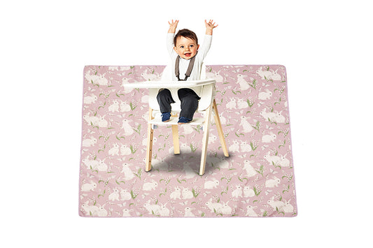 Washable Portable Baby Splat Mat For Under High Chair Arts Anti-Slip Floor Protector-White Rabbit