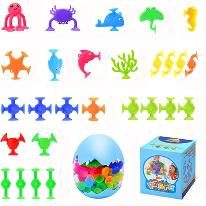 27Pcs Set Suction Bath Toys Sensory Shower Toys with Egg Shell Storage Box