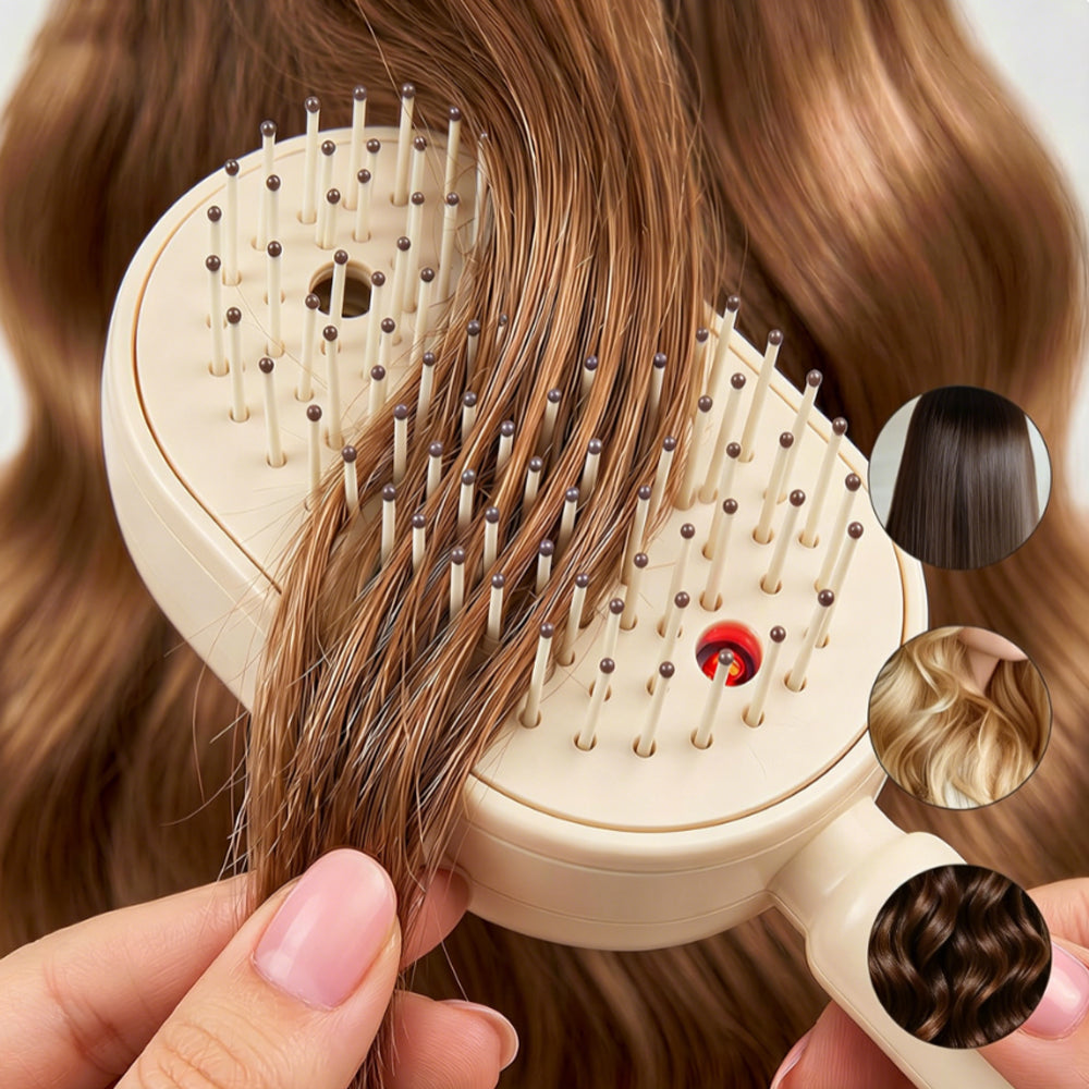 Electric Steam Hair Brush Mist Spray Cushion Comb for Smoothing Frizz-Beige