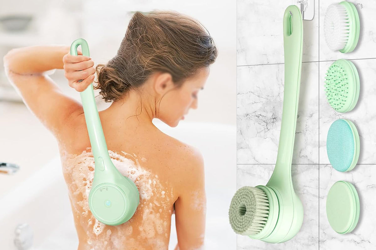 5 in 1 Electric Body Back Scrubber Dual Handle Bath Brush for Shower Exfoliating-Green