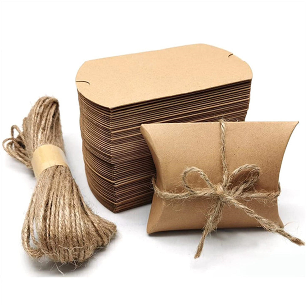 50 Piece Kraft Paper Pillow Gift Boxes with Ribbons - Brown