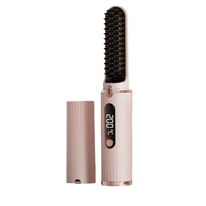Portable Cordless Electric Hair Straightener Brush USB Rechargeable Heated Comb-Pink