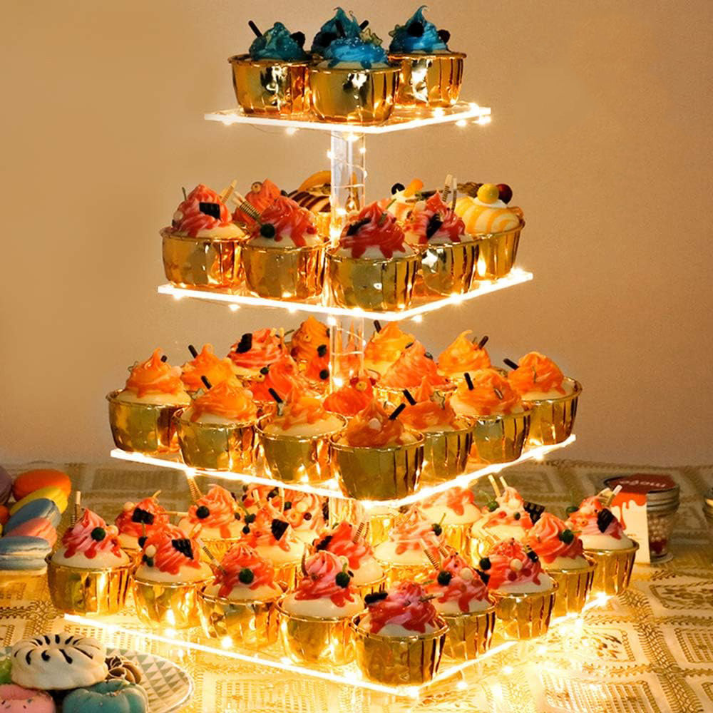 4-Tier Cupcake Acrylic Stand Dessert Display Rack with LED Light for Birthday Weddings Parties Events