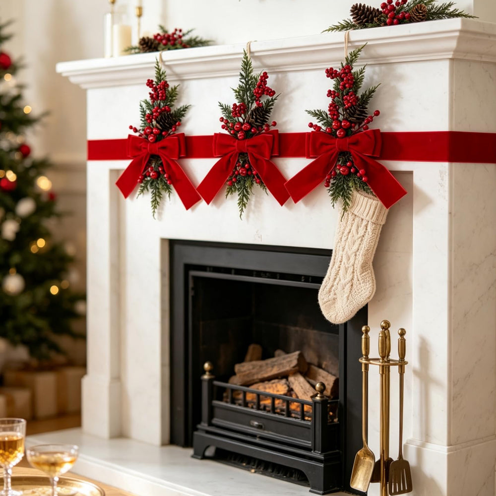 3 Piece Christmas Velvet Bow Ribbon Teardrop Swags for Door and Mantel - Red