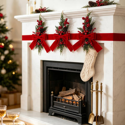 3 Piece Christmas Velvet Bow Ribbon Teardrop Swags for Door and Mantel - Red
