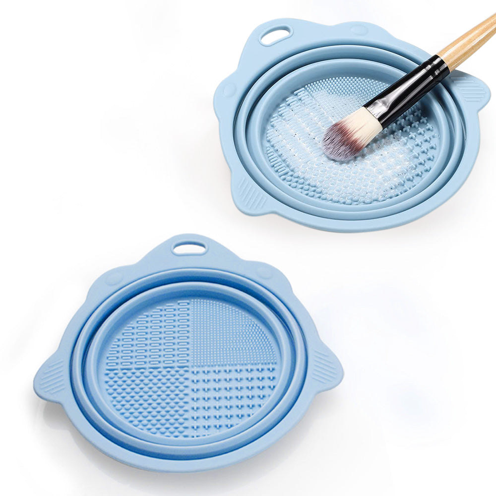 2Pcs Foldable Makeup Brush Cleaner Bowl Portable Silicone Cleaning Tool for Cosmetic Brushes Powder Puffs Sponges Blue